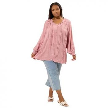 Boho‑Blouse Rosa, lange Ärmel – Yours Curve Pink