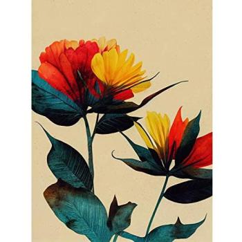 Colorful Botanical Poster – Yellow, Red, Teal Blooms, Frame Included