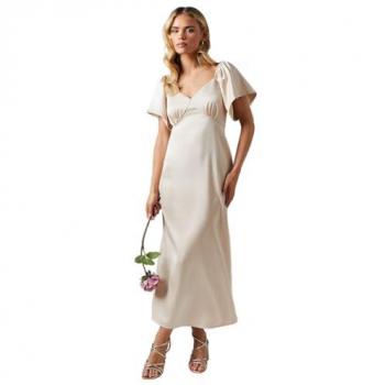 Petite Angel Sleeve Satin Midi Dress in Champagne – Oasis