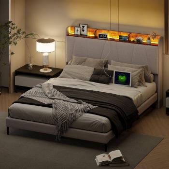 Cadre de lit gris avec éclairage LED et fonction de chargement USB