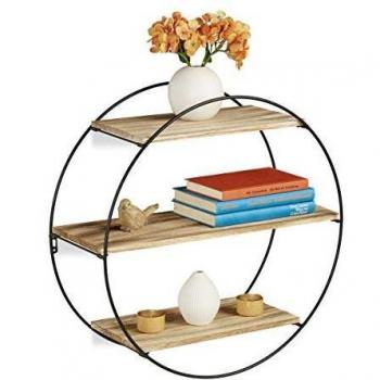 Mensola da Parete Rotonda, 3 Ripiani in Metallo e Legno, Ø 50 cm, Stile Vintage, Nero e Naturale