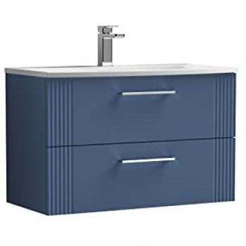 Retro 800mm Wall Hung Vanity Unit with Curved Basin and 2 Drawers Satin Blue