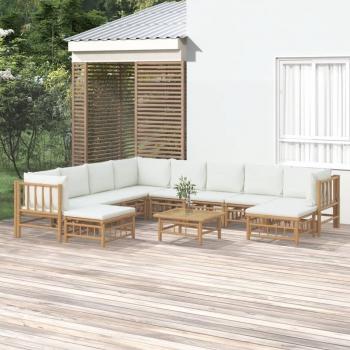 Salon de jardin en bambou 11 pièces avec coussins blanc crème