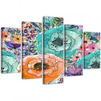Fünfteiliger Leinwanddruck „Kunstvolle Blumenmuster“. 100x70 bunt