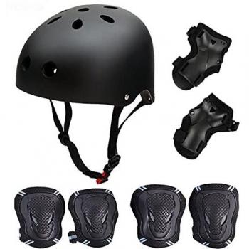 Junior Skateboard Safety Bundle including Helmet and 6pcs Elbow Knee Wrist Shields (Black, Small)