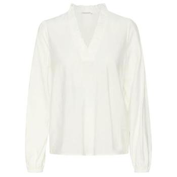 Women’s KAFFE Flounced V-Neck Blouse in White – Medium