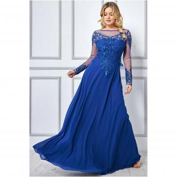 Elegant Royal Blue Mesh & Lace Embroidered Bodice – Maxi Dress