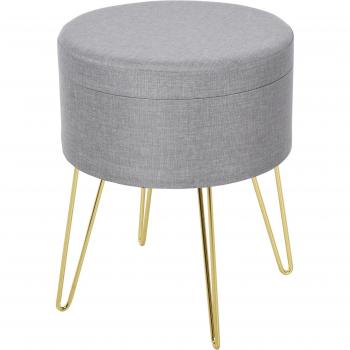 Pouf Contenitore 2in1 Uso Sgabello o Tavolino Tessuto Grigio e Gambe Oro