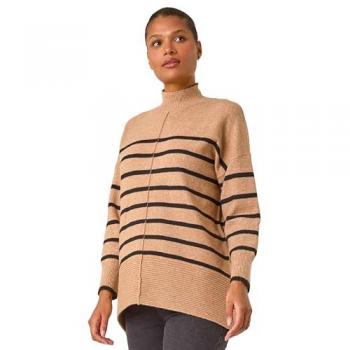 Camel‑Tone Relaxed Stripe Knit Pullover, Women’s 16