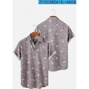 Camisa de hombre con cuello vuelto, manga corta, estampado 3D de luna, talla grande, ropa informal