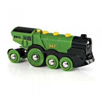 Giocattolo treno con locomotiva verde alimentata da batteria