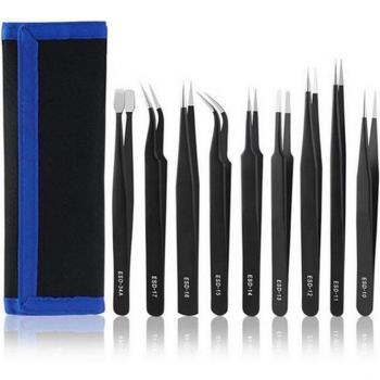 Juego 9 Pinzas ESD – Acero Inoxidable con Punta Curva