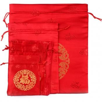 100pcs Red Silk Drawstring Pouches with FU Design