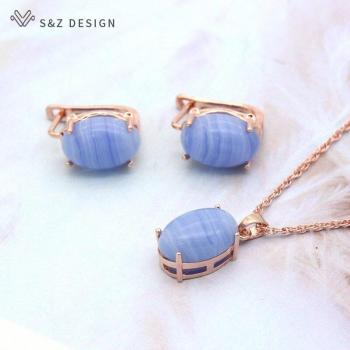 Korean Natural Stone Stud Earrings in Oval Egg Shape with 585 Rose Gold Necklace Set