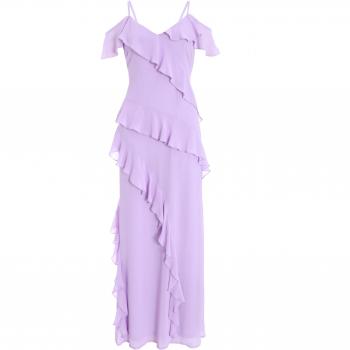 Lilac Chiffon Frill Drop Shoulder Maxi Dress