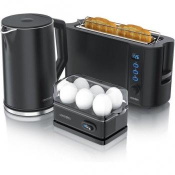 Arendo Morning‑Set: Wasserkocher 1,5 l, 2‑Scheiben‑Toaster und 6‑Eierkocher – Schwarzes Finish