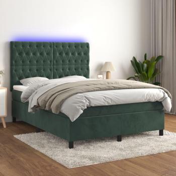 Lit en velours avec matelas et LED vert foncé 140x190 cm