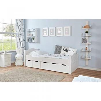 TiCAA Lit Leni pour enfant avec 5 tiroirs en pin blanc