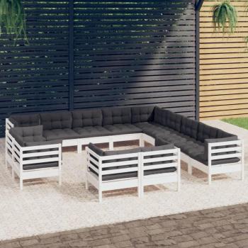 Muebles de jardín 13 piezas con cojines blancos de madera de pino