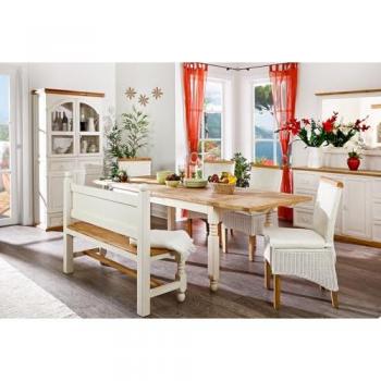 Direktimport Esstisch 250 × 90 cm ausziehbar – Pinie massiv, weiß, rustikaler Look