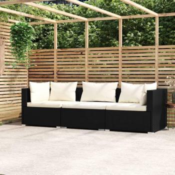 Black Poly Rattan 3-Seater Sofa with Cushions