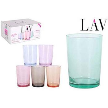 UNISHOP Set de 6 Vasos de Colores y Transparentes de Vidrio, Aptos para Lavavajillas, Vasos de Varios Tamaños para Agua, Refresco y Cóctel