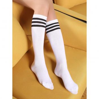 Calcetines de estilo HIPHOP para mujer y niña, largos, de algodón, rayados, hasta la rodilla, color blanco