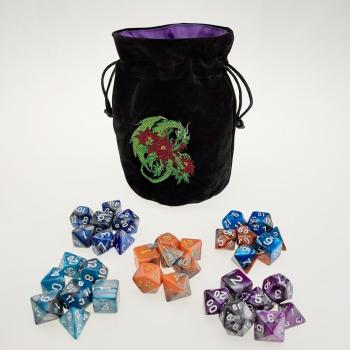 Duo‑Gemini Rollooo : 5 jeux de dés D&D + Sac brodé Dragon Vert (35 pièces)