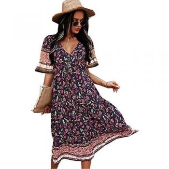 Jiraewh Damen Boho Sommerkleid Blumen Kurzarm Retro Knielang Strandkleid V-Ausschnitt Elegant mit Gürtel Maxikleid (3039-Grün, L)