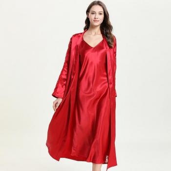 Longue Robe de Nuit Kimono Satin Noir Dentelle