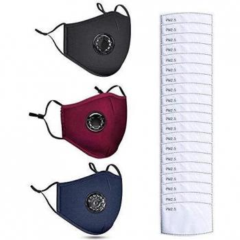 Above 3Pcs Cotton Face Mask with Breathing Valve and Filters