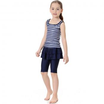 Traje de baño de verano musulmán para niños y niñas, 2 piezas con falda a rayas, XX-410