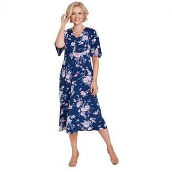 V-Neck Angel Sleeve Floral Print Pleated Bodice Dress