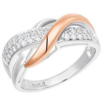 Fingerring AMOR Twisted, Gr. 54, rosa (roségoldfarben, weiß, kristallweiß), 925 Silber, 2mm, Zirkonia (synth.)