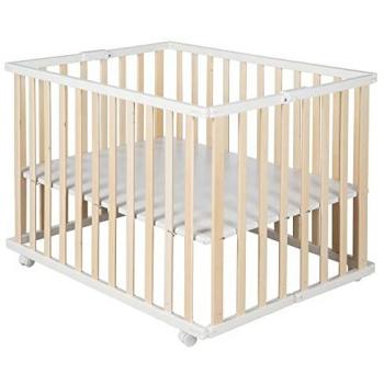 Parc pliant en bois bicolore avec roulettes
