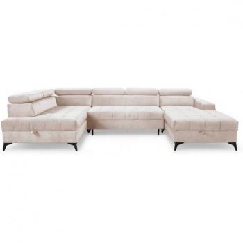 Fun Möbel Wohnlandschaft Schlafsofa AGNESA – Hellbeige Stoff Salvador – Ottomane rechts, Rundumabdeckung, 2 Bettkästen inklusive