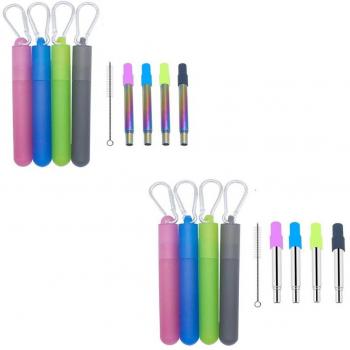 4 Sets of Reusable Stainless Steel Three-Section Straws with Nozzle, Cleaning Brush, and Plastic Storage Case