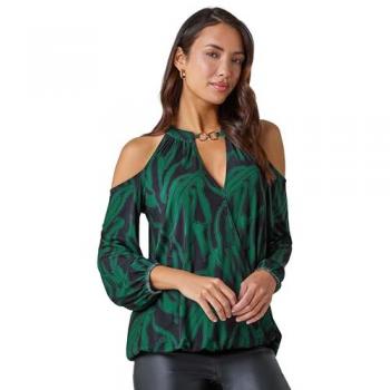 Roman Women’s Bottle Green Cold‑Shoulder Stretch Top – Size 14