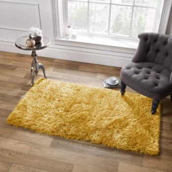 Sienna Shaggy Rug 5cm Pile, Synthetic, Polyester, Cotton, Ochre Yellow