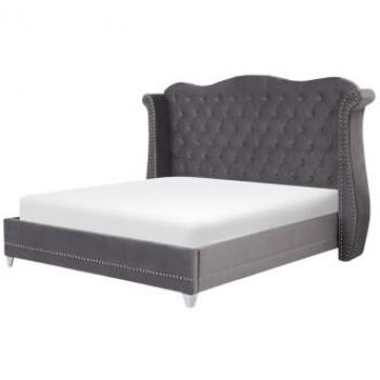 Super King Size Grey Velvet Bed with Slatted Base and Button Tufted Headboard