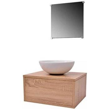 Beige Three Piece Bathroom Furniture Set with Basin and Mirror