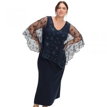 Nachtblaues Abendkleid im Lagenlook mit Mesh und Spitze für große Größen, Gr. 44