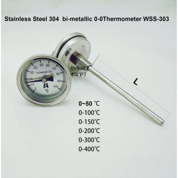 Industrial Stainless Steel Bi-Metallic Thermometer 0-50~300°C, 100mm Probe Length, 1/4PT Thread WSS-303