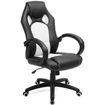 SONGMICS Sedia da Gaming, Poltrona Ergonomica, Meccanismo di Inclinazione, Nero e Bianco