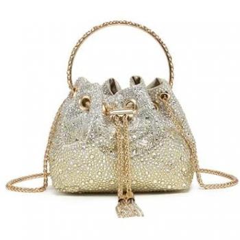 Ring‑Handled Gold Diamante Soft Bag – Women’s One Size