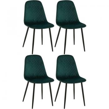 4 chaises de salle à manger en velours vert avec coutures losanges