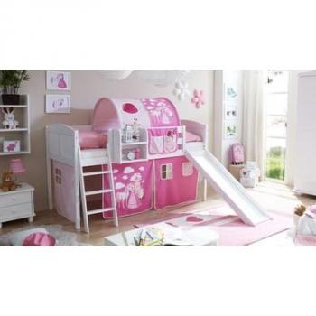 TiCAA Lit toboggan mezzanine pour enfants Ekki pin blanc Cheval rose 90x200 cm