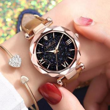 Starry Sky Round Dial Women’s Watch with Quartz Movement and Leather Strap