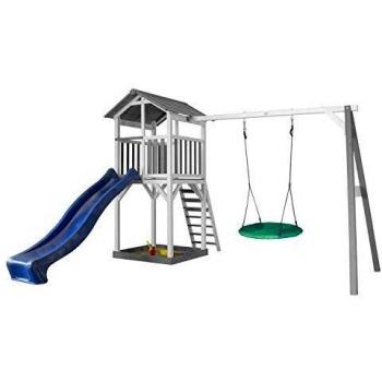 Axi Maison Structure de Jeu Tour de Plage avec Balançoire Nid Rond Été Gris Blanc et Toboggan Bleu