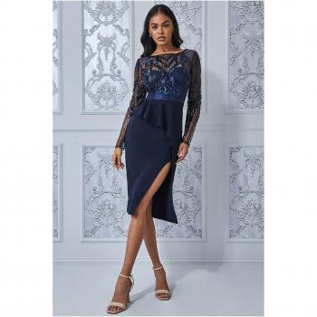 Goddiva Womens Sequin Bodice With Front Frill Midi Dress